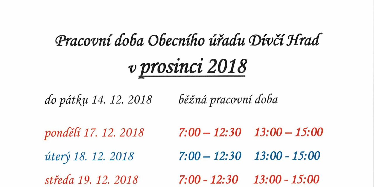 Otevírací doba obecního úřadu v závěru roku 2018